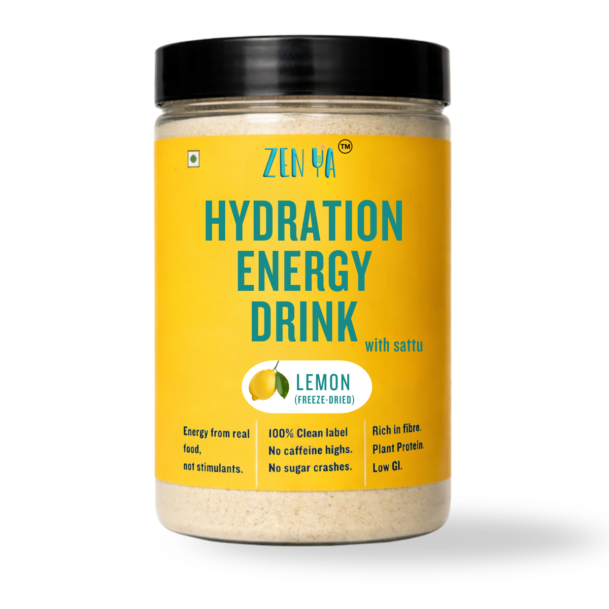 Jar of Zena Hydration Energy Drink with Lemon flavor on a white background