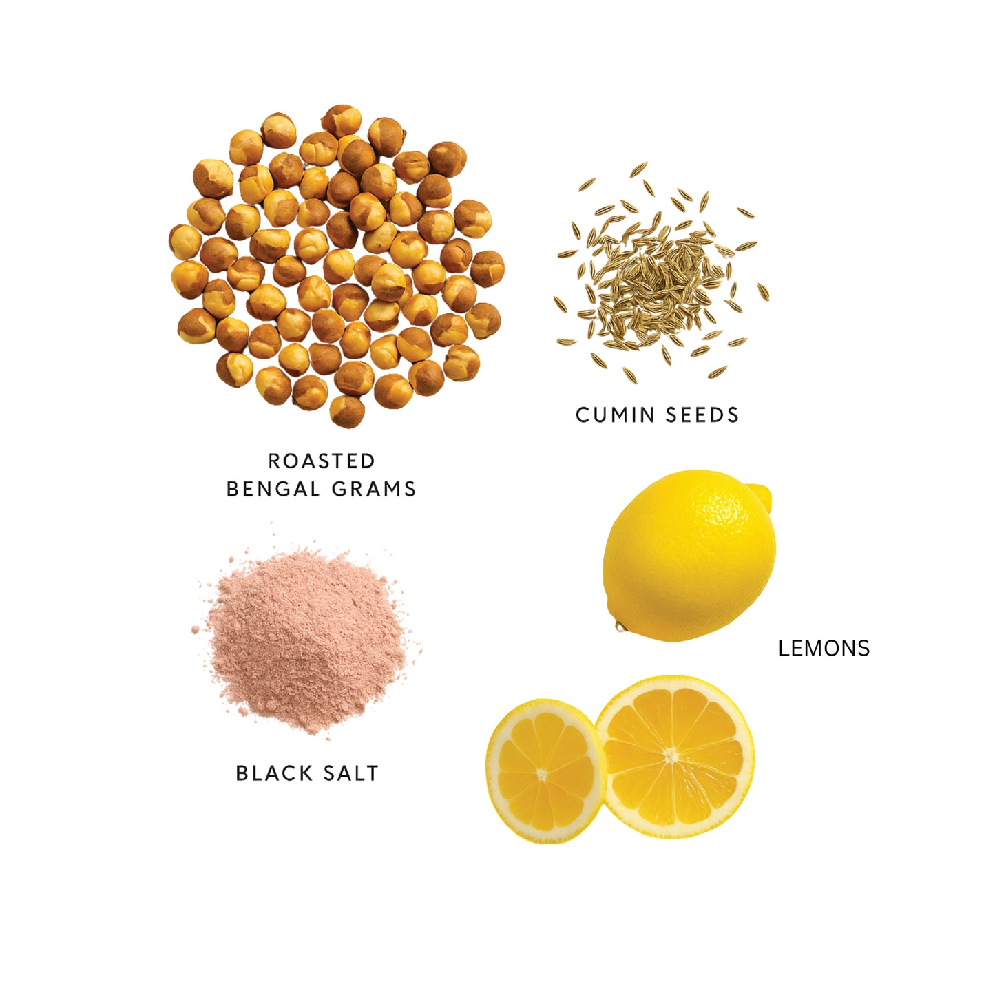 Ingredients including roasted Bengal grams, cumin seeds, black salt, and lemons on a white background. zenya sattu lemon drink ingredients