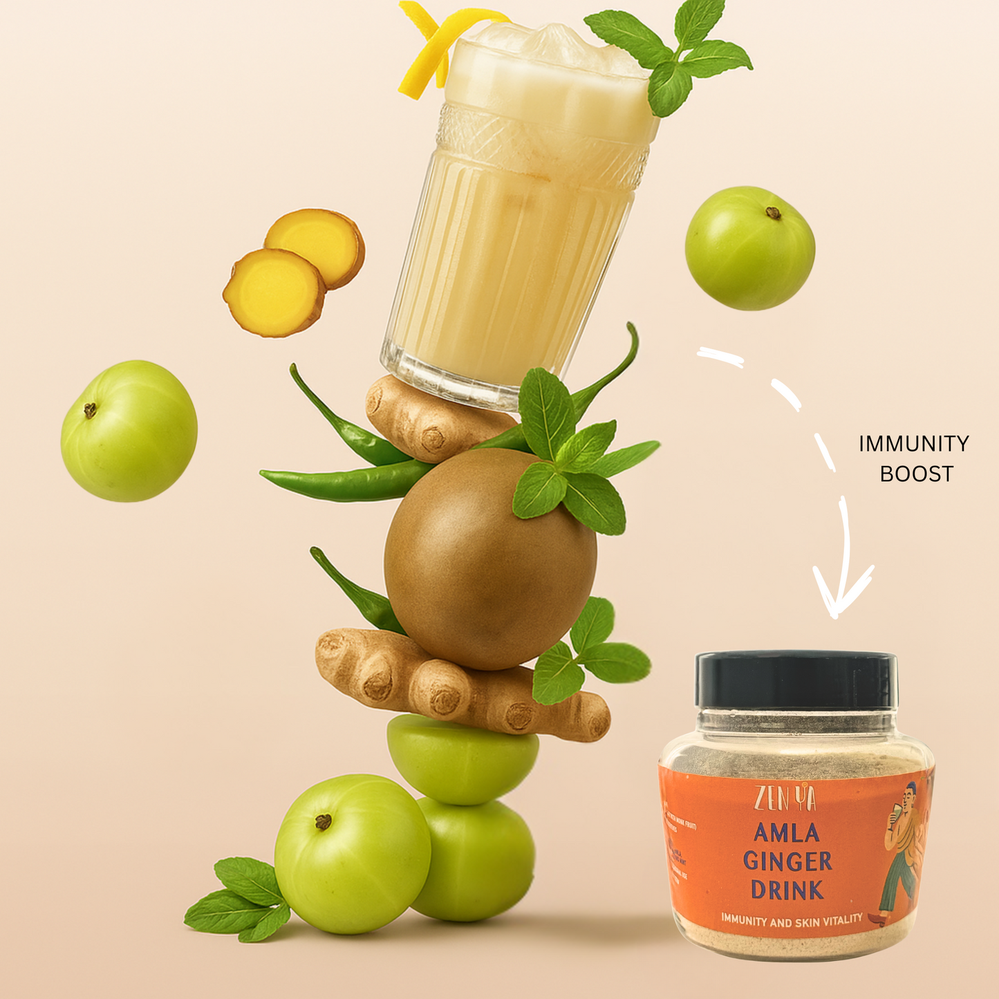 Amla ginger drink with ingredients and a jar of the drink on a beige background