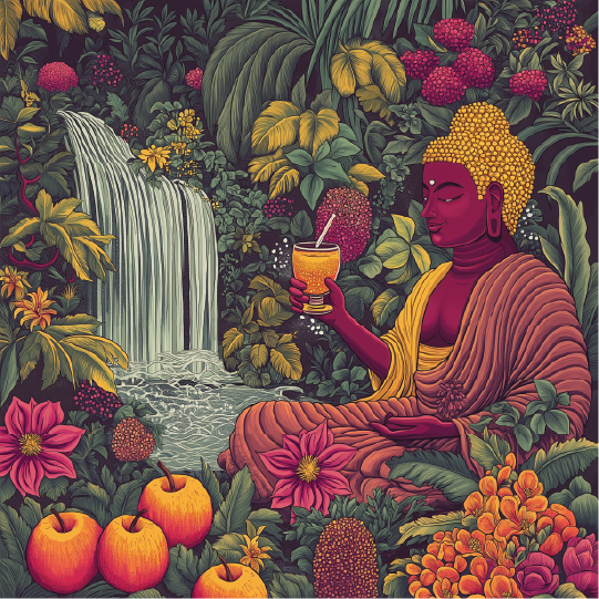 Illustration of a serene Buddha figure sitting in a lush tropical forest, holding a golden wellness drink. A waterfall flows in the background, surrounded by vibrant flowers and fruits, symbolising harmony, nature, and nourishment. The image reflects Zen Ya’s brand story, blending ancient wisdom with holistic wellness.