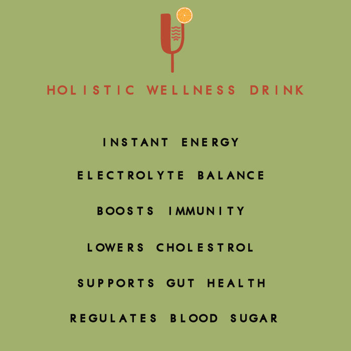 Benefits of Zen Ya Spice flavor displayed on a green background. The image features a minimalist logo of a drink with a slice of citrus on top. The heading reads ‘Holistic Wellness Drink’ in red text, followed by six listed benefits in black text: Instant Energy, Electrolyte Balance, Boosts Immunity, Lowers Cholesterol, Supports Gut Health, and Regulates Blood Sugar.