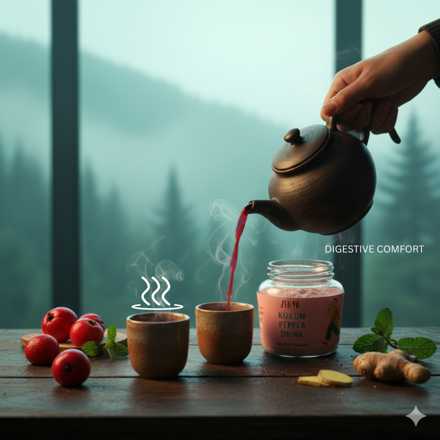kokum pepper drink being poured from a teapot into cups with kokum fruit and a jar of zenya kokum pepper drink on a wooden table, set against a misty forest background.