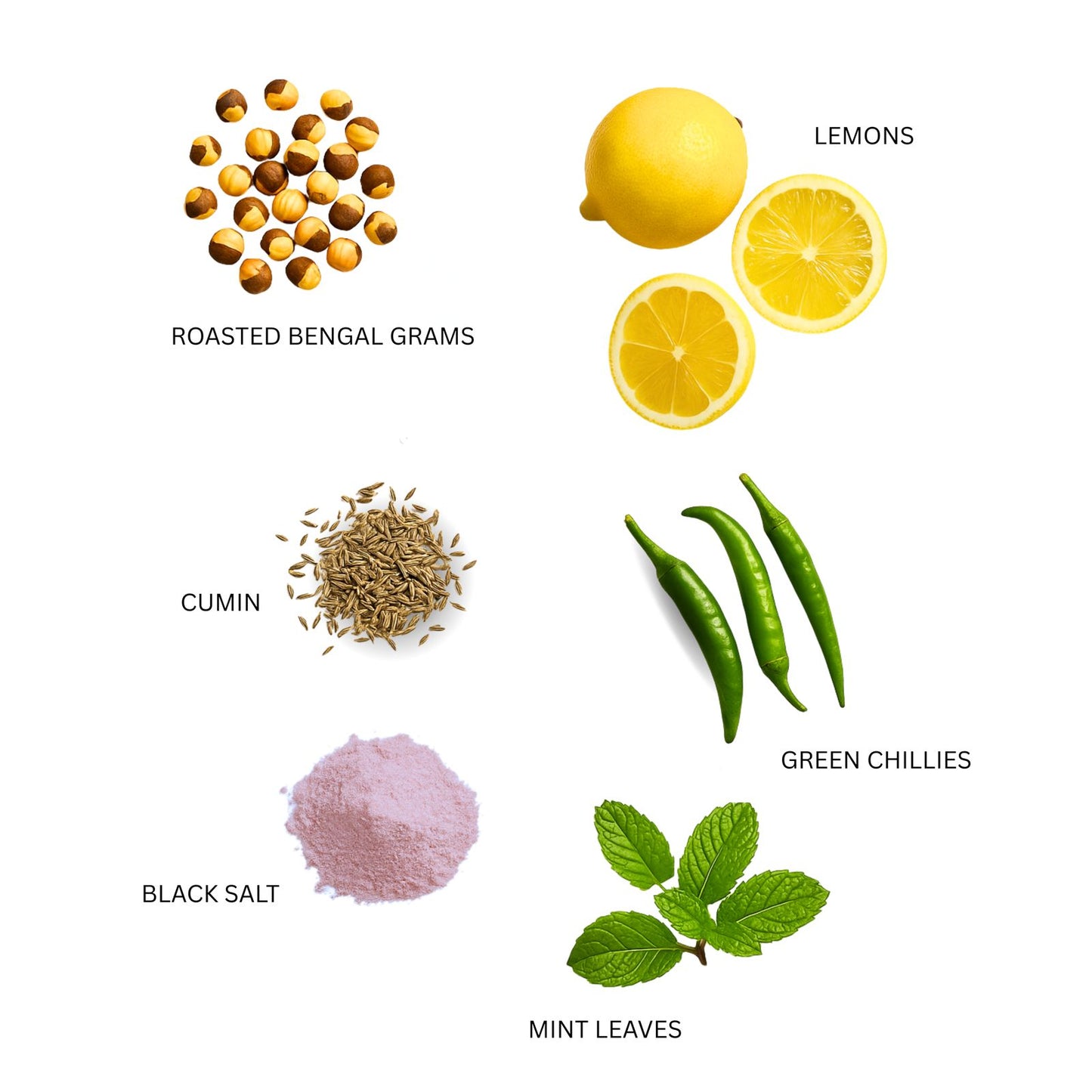 Illustration of roasted Bengal grams, lemons, cumin, green chillies, black salt, and mint leaves on a white background. zenya sattu chilli drink ingredients