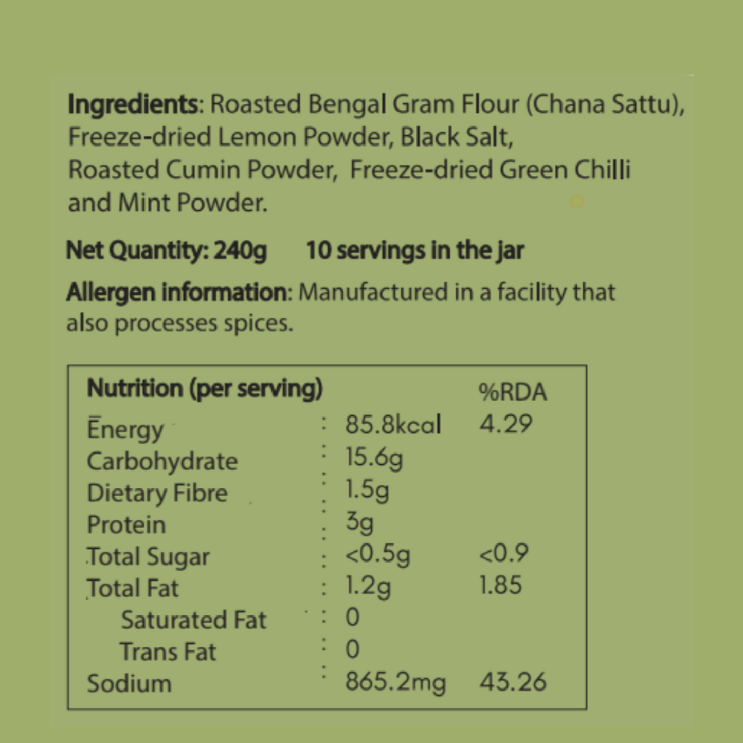 Product label with ingredients, net quantity, allergen information, and nutrition facts on a green background. zenya sattu green chilli drink