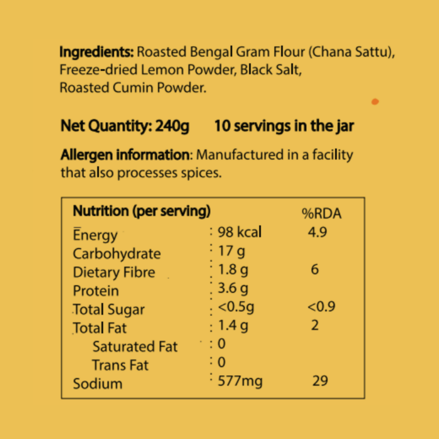 Ingredients list, net quantity, allergen information, and nutrition facts on a yellow background.