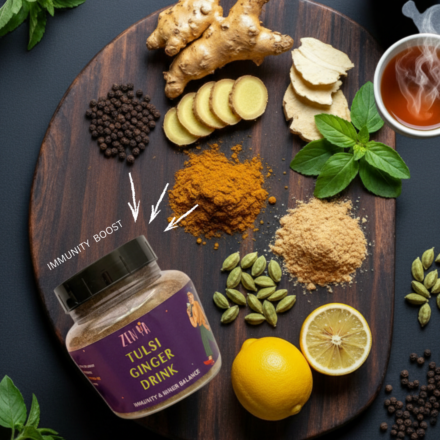 Tulsi Ginger Drink supplement bottle on a wooden board with spices and herbs