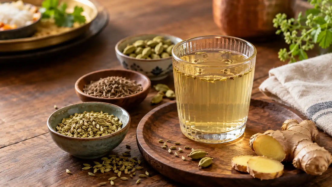 Indian after-meal digestive drink with fennel, cardamom, jeera and ginger.