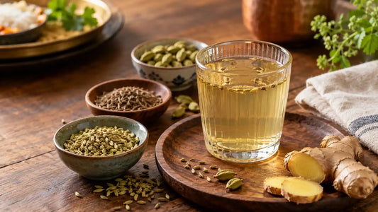 Indian after-meal digestive drink with fennel, cardamom, jeera and ginger.