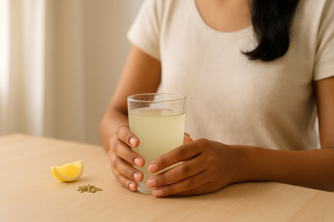 Close-up of an Indian woman holding a glass of a light wellness drink in soft natural morning light, with a minimal, clean background and a calm, refreshing mood.