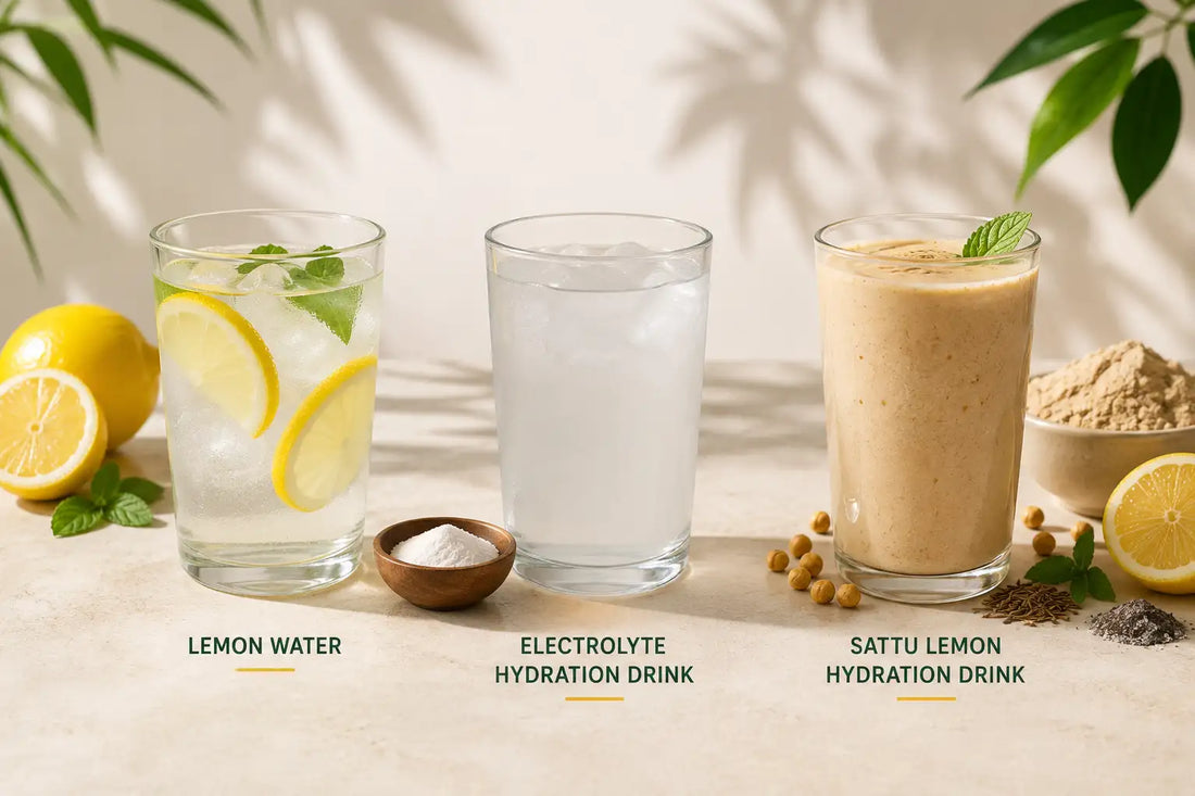 Electrolyte hydration drink vs lemon water in Indian heat.