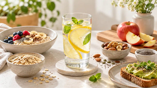 Fibre-rich breakfast with lemon fibre water, oats, fruit and nuts for satiety.