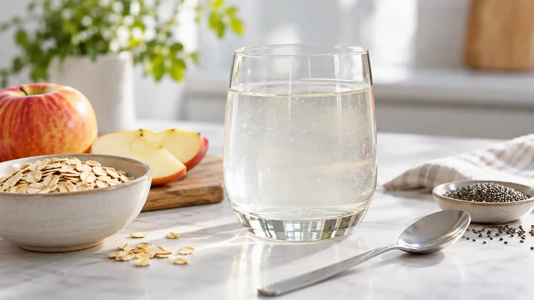 Clear fibre drink in a glass with simple fibre-rich foods on a clean kitchen surface