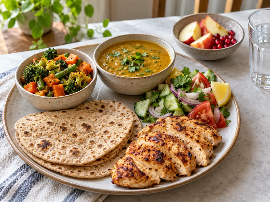 Protein-focused Indian meal with grilled chicken roti dal sabzi salad and fruit for a balanced high-fibre plate.
