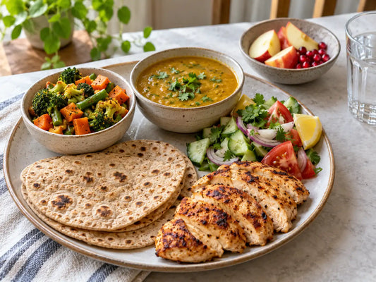 Protein-focused Indian meal with grilled chicken roti dal sabzi salad and fruit for a balanced high-fibre plate.