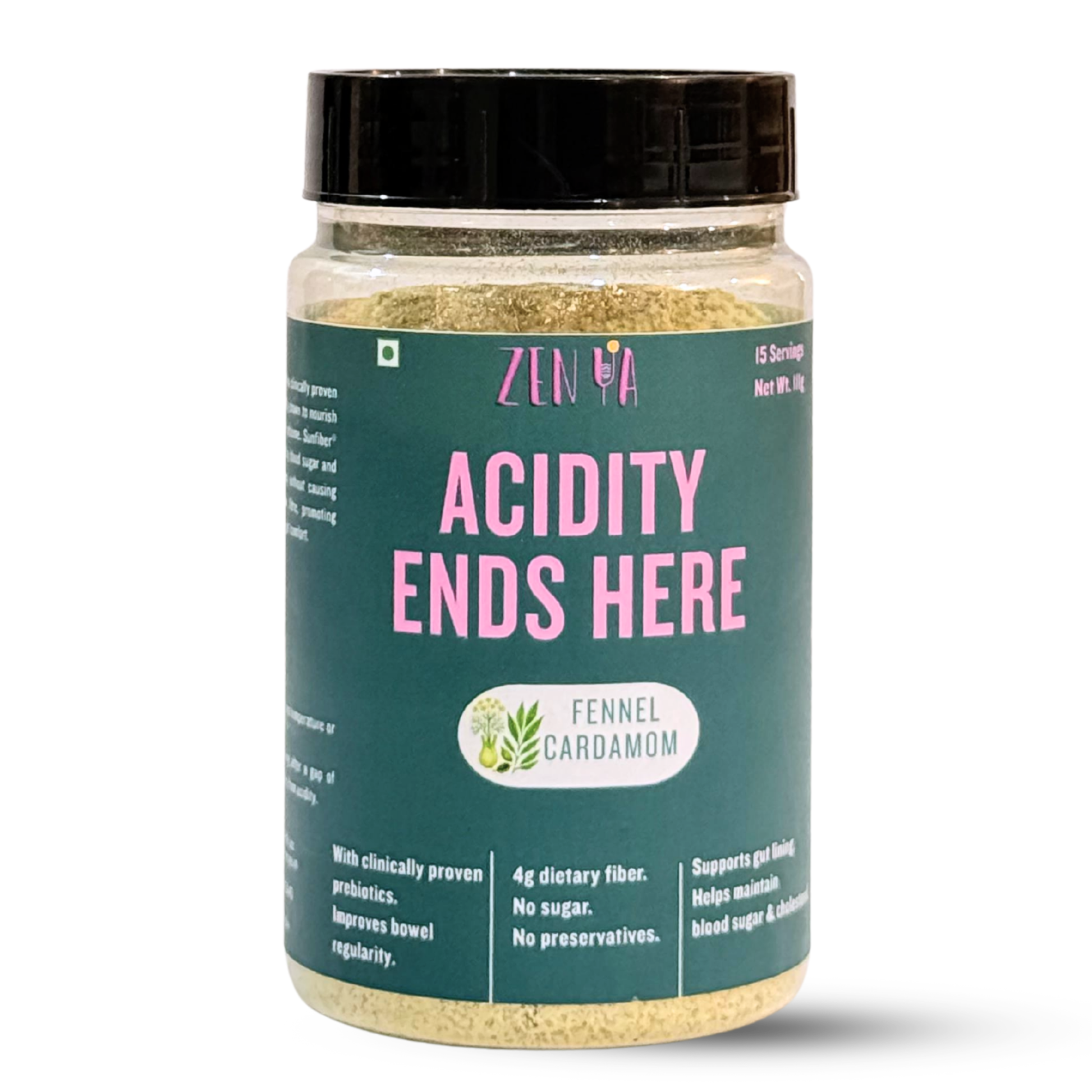 Jar of a health supplement with a green label and black lid on a white background
