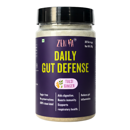 Jar of 'Daily Gut Defense' supplement by Zenya on a white background