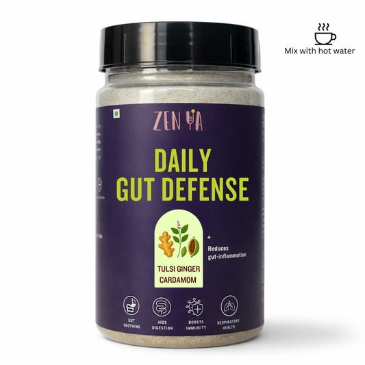 Jar of 'Daily Gut Defense' supplement by Zenya on a white background