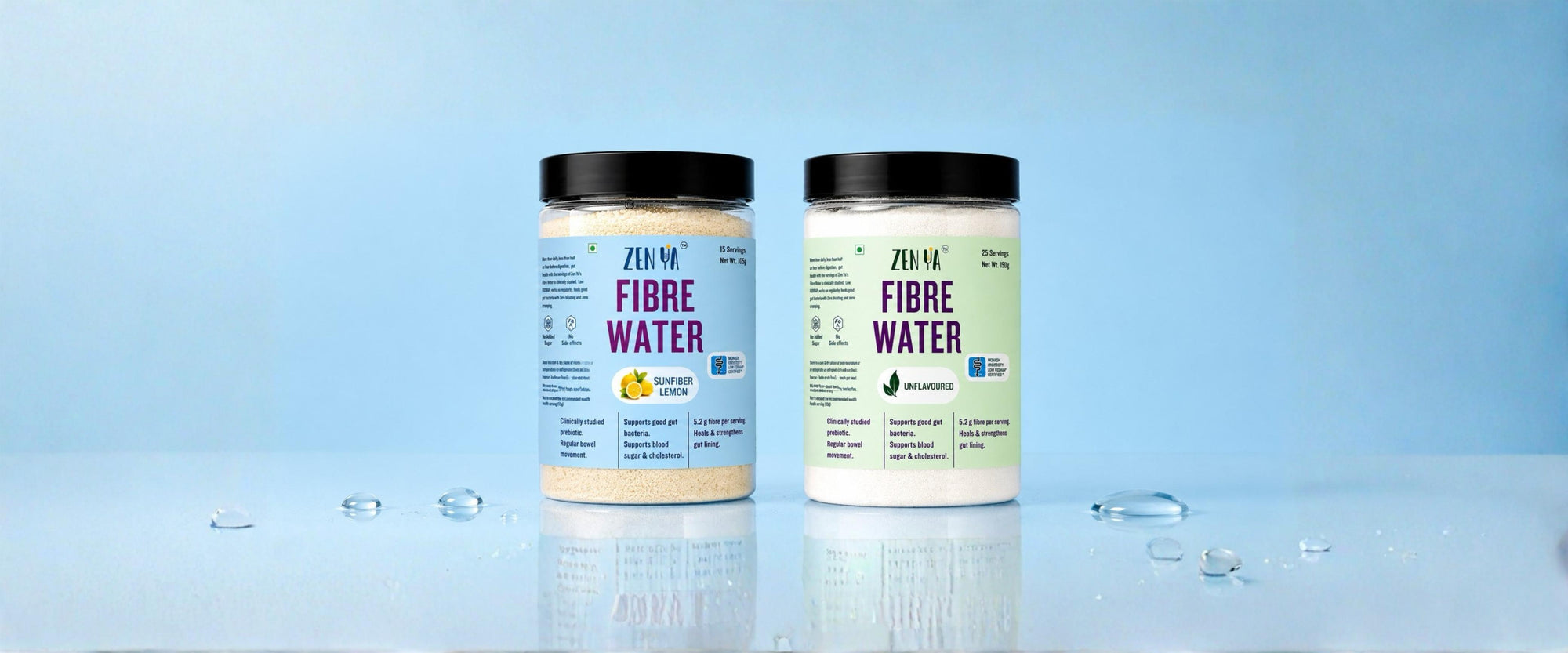 Jars of zen ya fibre water on a blue background with drops of water 