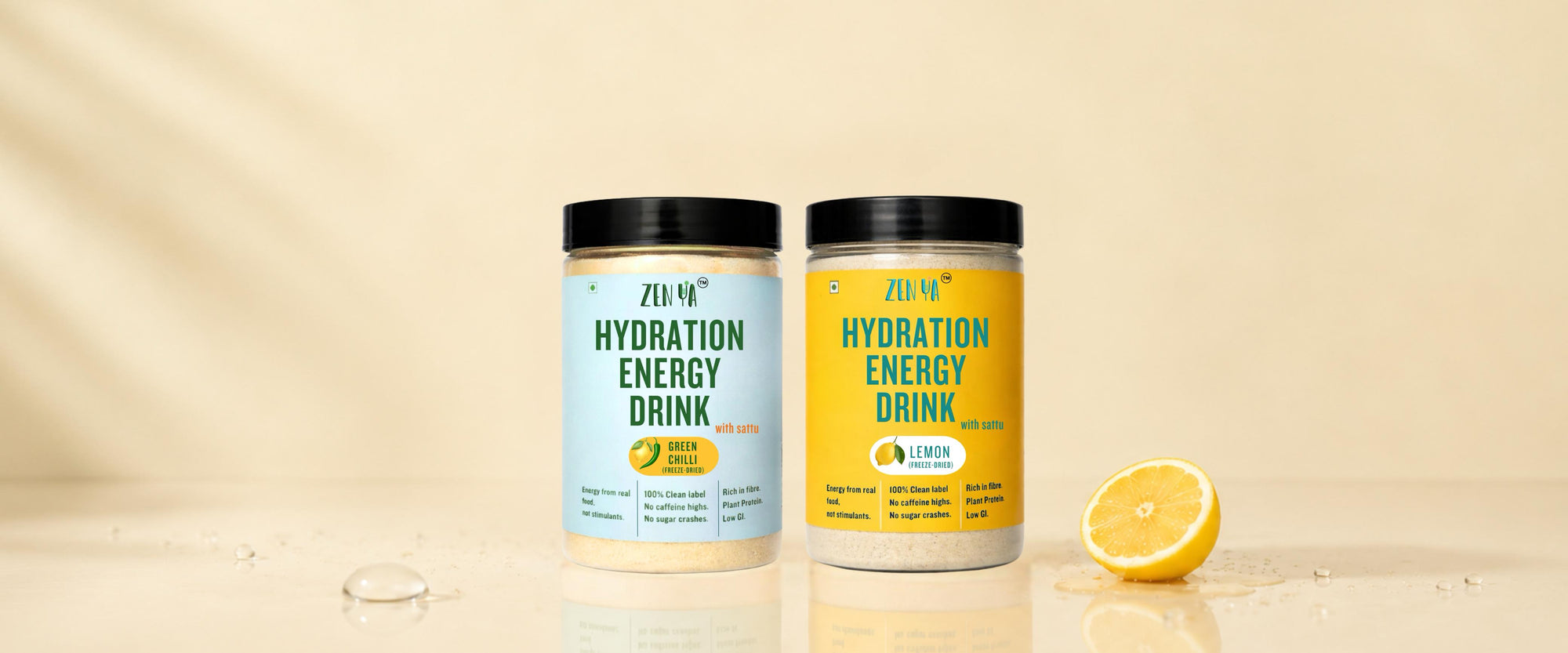 Jars of zen ya hydration and energy drink on a yellow background with a slice of lemon 