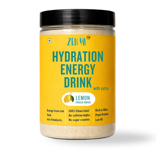 Jar of Zena Hydration Energy Drink with Lemon flavor on a white background