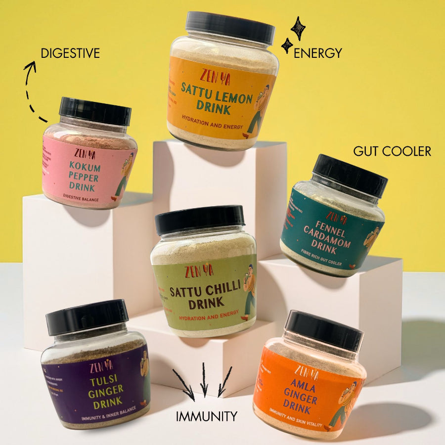 ZenYa wellness drink collection featuring six blends in clear jars with black lids — Sattu Lemon (energy), Sattu Chilli (hydration and energy), Fennel Cardamom (gut cooler), Kokum Pepper (digestive balance), Tulsi Ginger (immunity and inner balance), and Amla Ginger (immunity and skin vitality) — displayed on pastel blocks against a yellow background.