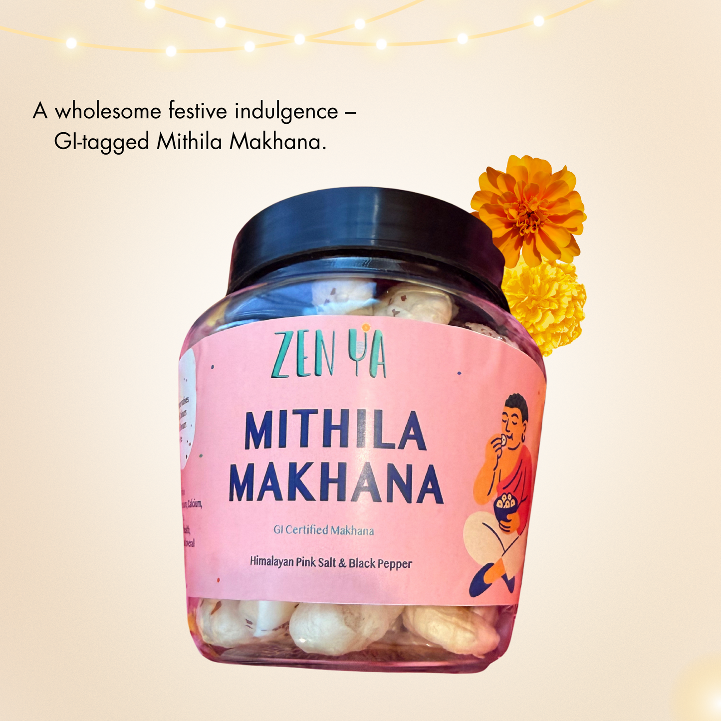 Jar of Zenya Mithila Makhana with a pink label and black lid, decorated with a yellow flower on a light background.