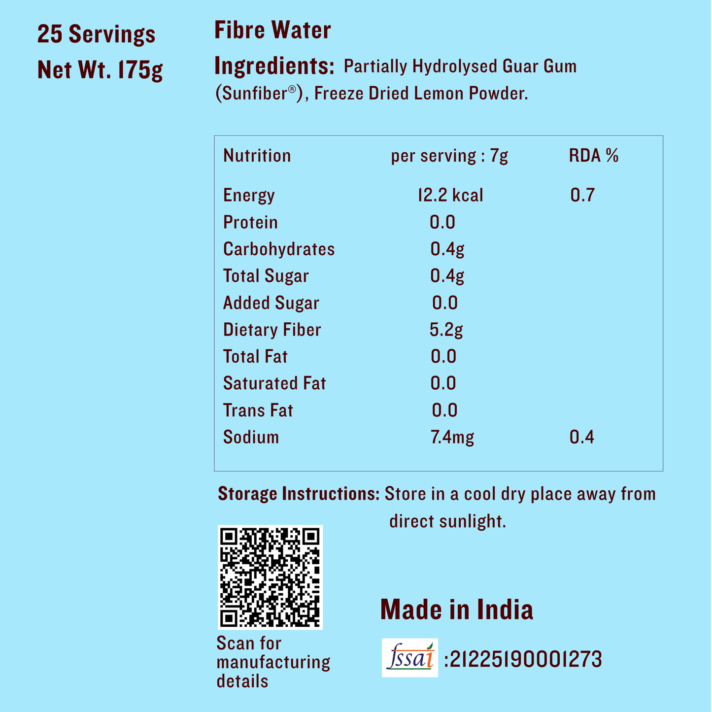 Nutritional label and ingredients list for a product on a blue background
