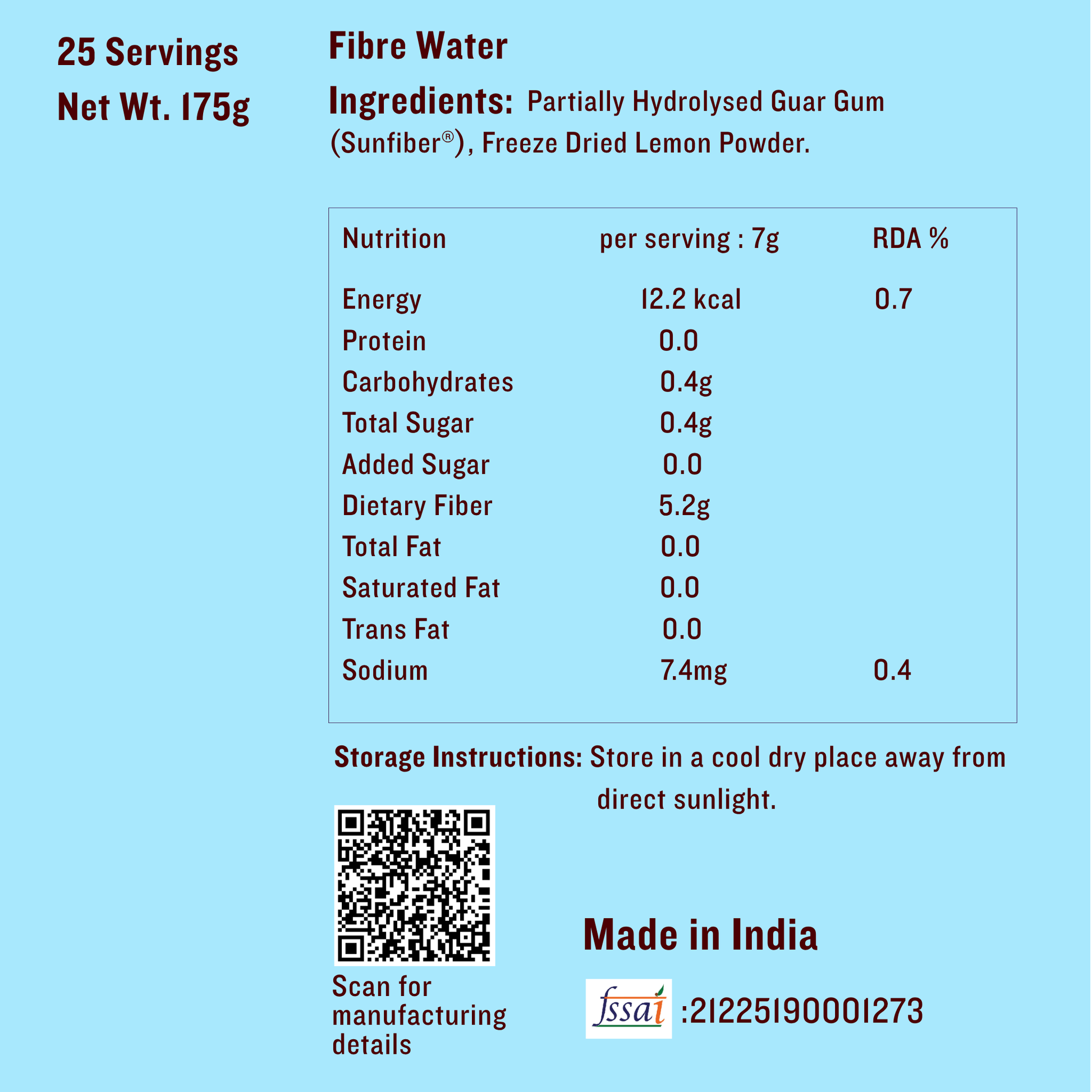 Nutritional label and ingredients list for a product on a blue background
