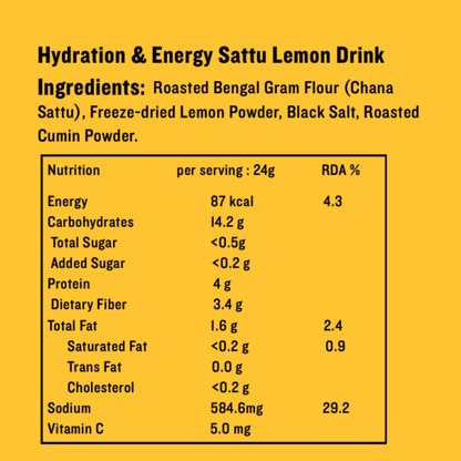 Nutritional information and ingredients of a Hydration & Energy Sattu Lemon Drink on a yellow background.