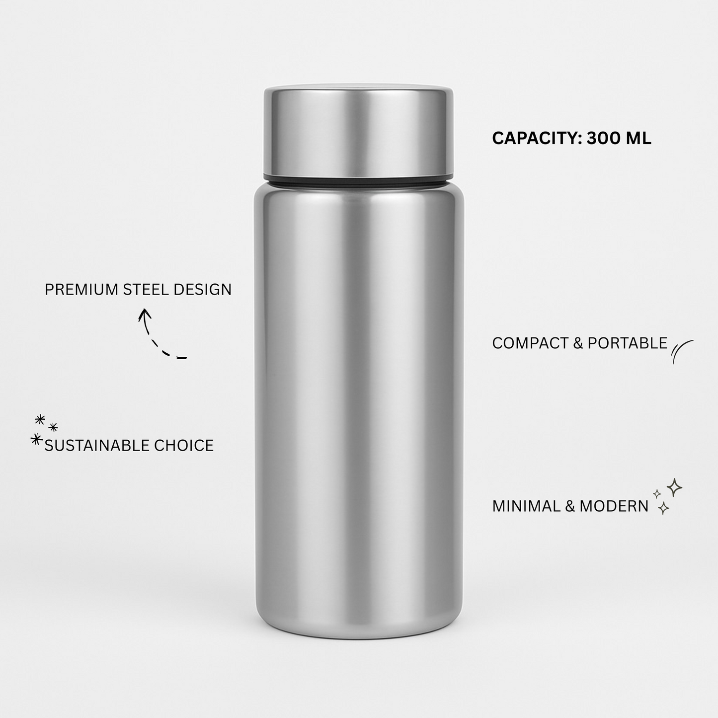 Stainless steel water bottle with features listed on a white background. Capacity 300ml premium steel design, compact & portable, minimal & modern, sustainable choice