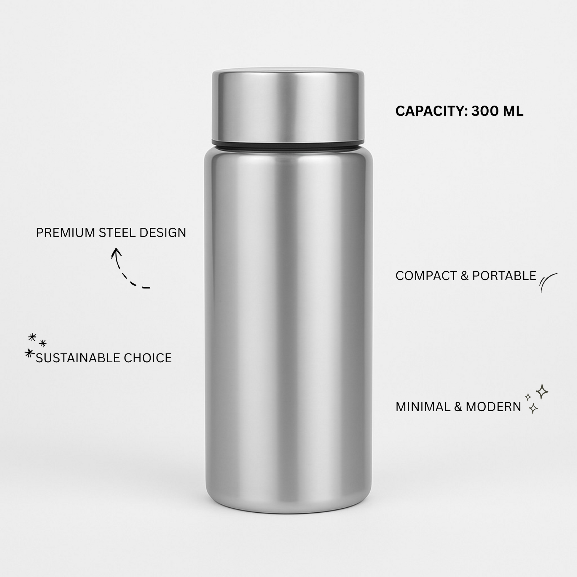 Stainless steel water bottle with features listed on a white background. Capacity 300ml premium steel design, compact & portable, minimal & modern, sustainable choice