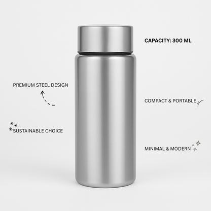 Stainless steel water bottle with features listed on a white background. Capacity 300ml premium steel design, compact & portable, minimal & modern, sustainable choice