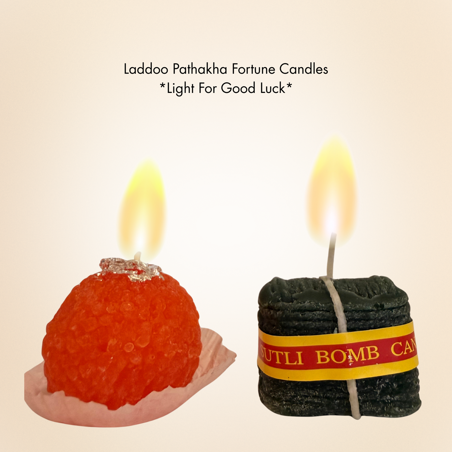 Two fortune candles, one ladoo candle for diwali and one sutli bomb pathakha candle.
