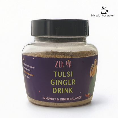 Jar of Tulsi Ginger Drink with a black lid on a white background