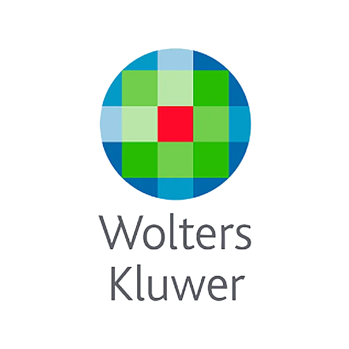 The Wolters Kluwer logo, featuring a circular multicolor grid of blue, green, and red squares above the text 'Wolters Kluwer' in gray, set against a light gray background.