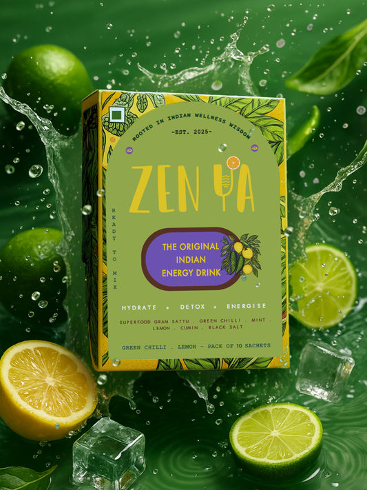 ZenYa energy drink packaging placed amidst fresh lemons, limes, mint leaves, and ice cubes with water splashes. The box reads ‘The Original Indian Energy Drink’ and highlights key benefits — hydrate, detox, energise — and ingredients like sattu, green chilli, mint, lemon, cumin, and black salt. The design features a vibrant green and yellow palette rooted in Indian wellness.