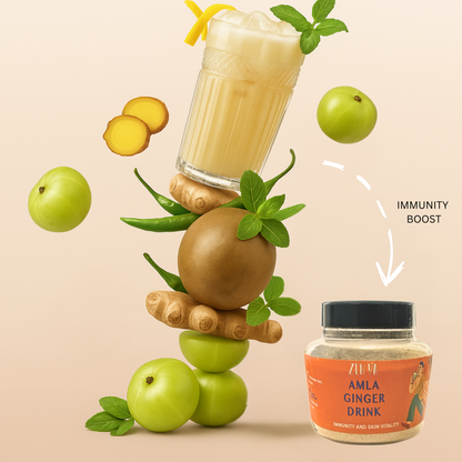 Amla ginger drink with ingredients and a jar of the drink on a beige background