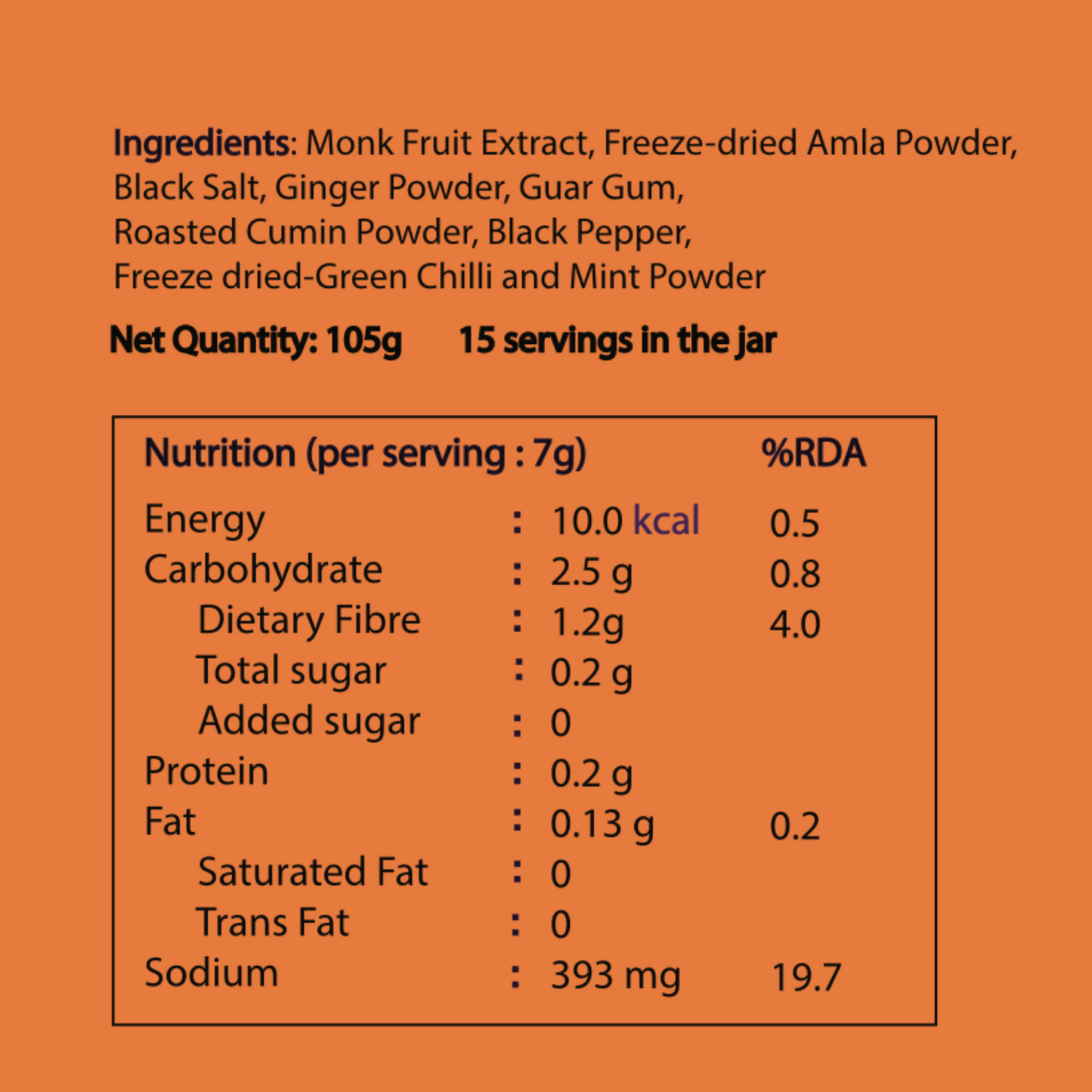 Nutritional information and ingredient list of zenya amla ginger drink on an orange background
