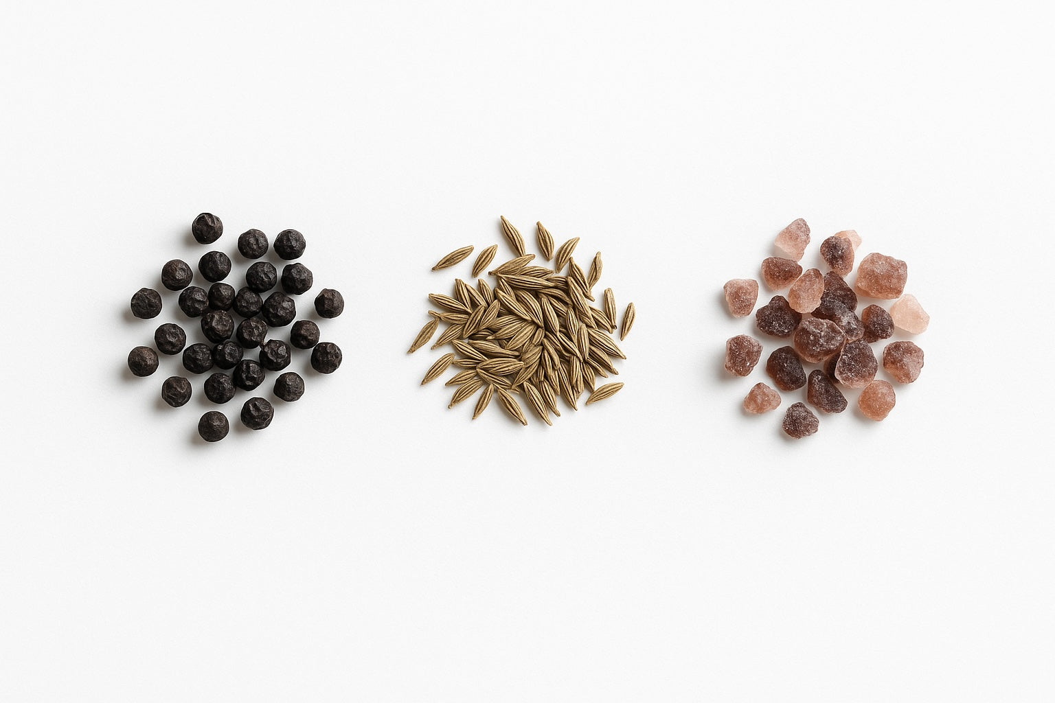 Three piles of different types of seeds on a white background black pepper, cumin seeds and black salt crystals