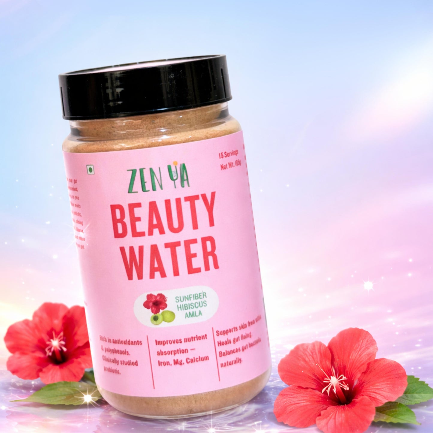 Jar of 'Zen Ya Beauty Water' with pink label and black lid, surrounded by red flowers on a gradient background.