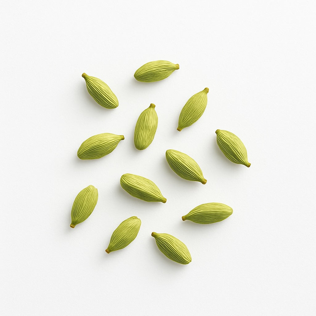 Green cardamom pods arranged in a scattered pattern on a white background
