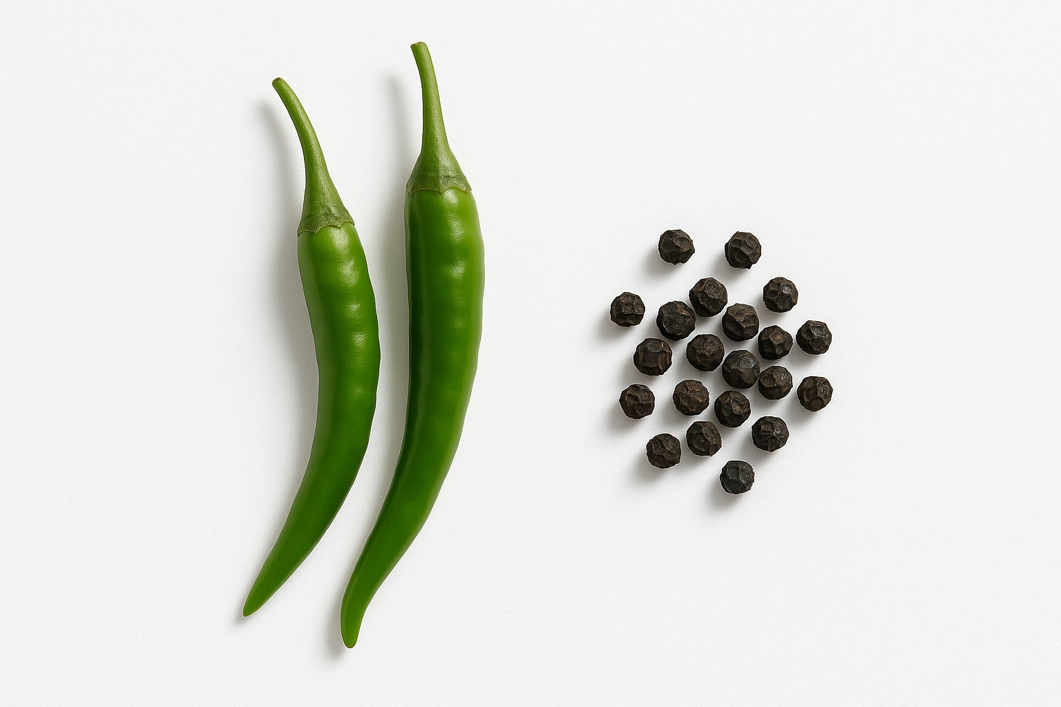 Two green chilies and a small pile of black peppercorns on a white background