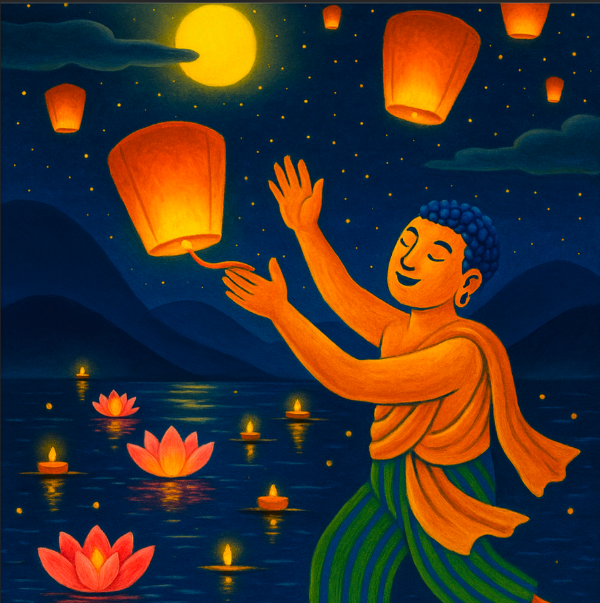 Illustration of a zenya buddha releasing a lantern into the night sky with mountains and water in the background as a celebration of diwali, festival of lights. 
