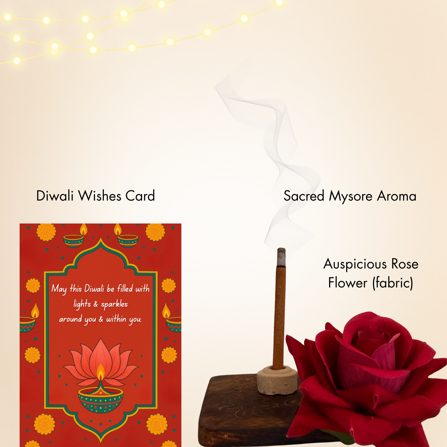 zenya Diwali wishes card with Mysore aroma stick and red rose on a neutral background