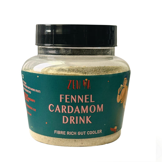 Jar of zenya fennel cardamom drink with green label on a white background