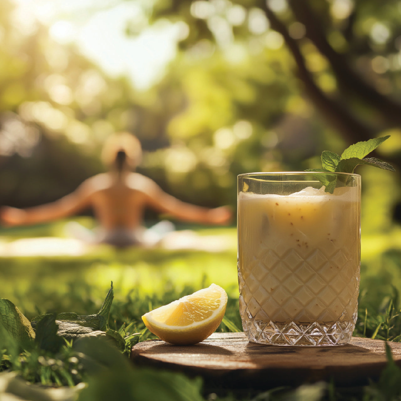 A glass of Zen Ya Spice wellness drink with mint garnish, placed on a wooden coaster with a lemon wedge. The background shows a person practicing yoga outdoors, representing energy, wellness, and a mindful lifestyle.