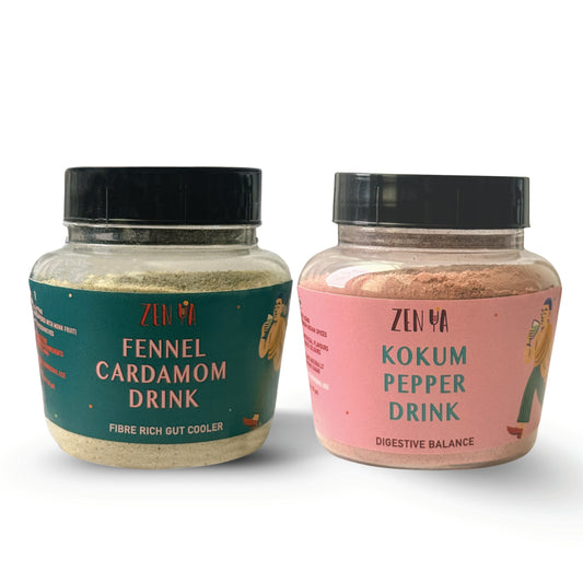 Two jars of ZENYA drinks, one labeled 'Fennel Cardamom Drink' and the other 'Kokum Pepper Drink', on a white background.