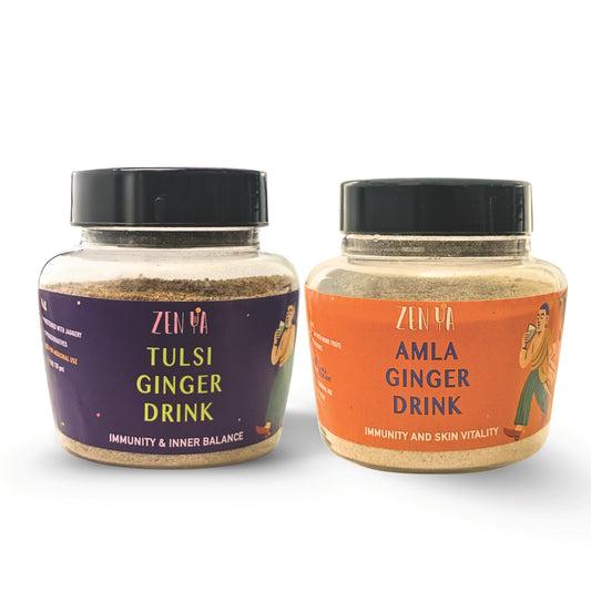 Two jars of ZENYA Tulsi Ginger Drink and Amla Ginger Drink on a white background