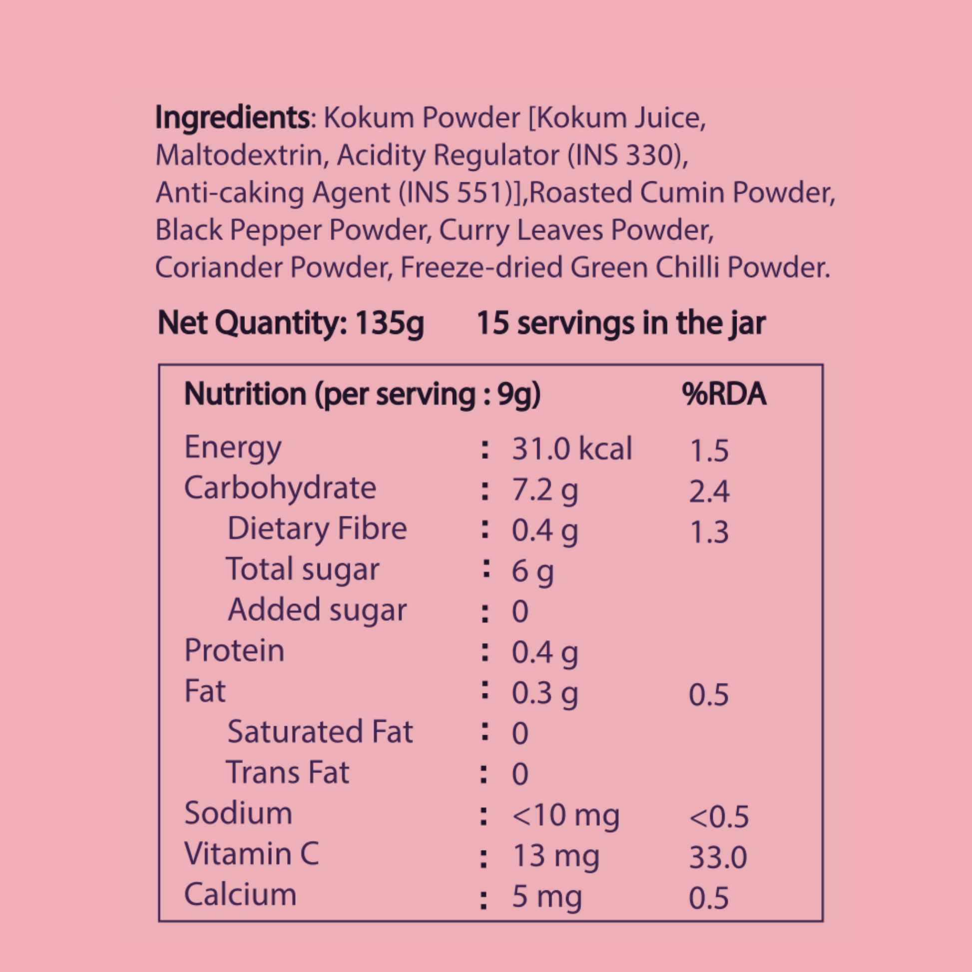 Product label with ingredients, net quantity, and nutritional information on a pink background zenya kokum pepper drink