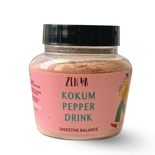 Jar of ZenYa Kokum Pepper Drink with pink label on a white background